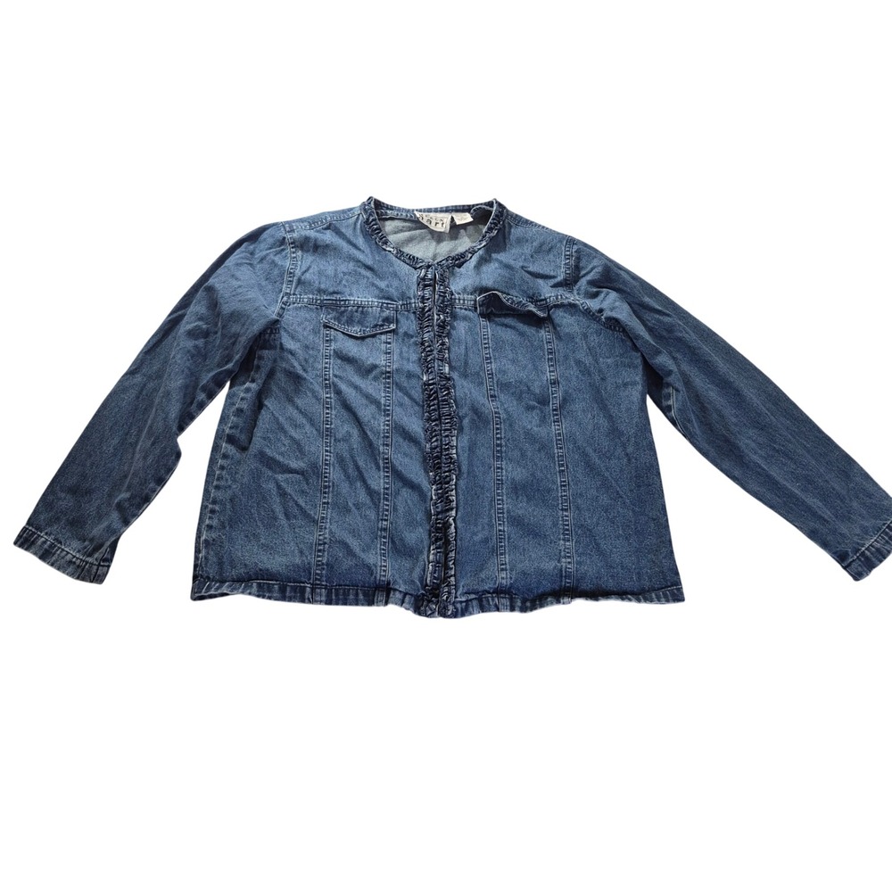 Keren Hart Denim Jacket Womens XL Ruffle Trim Blue Coastal Grandma Boho Vintage